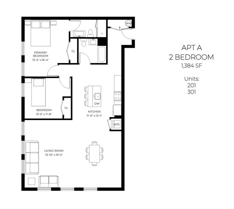 Floor plan for 2 beds, 2 baths, 1384 sqft